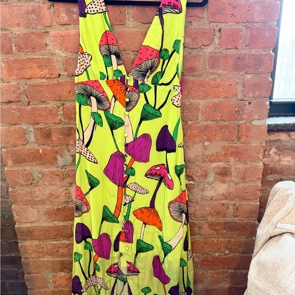Farm Rio Neon Yellow Mushroom Print Button Front Midi Dress Size XS - Picture 4 of 6